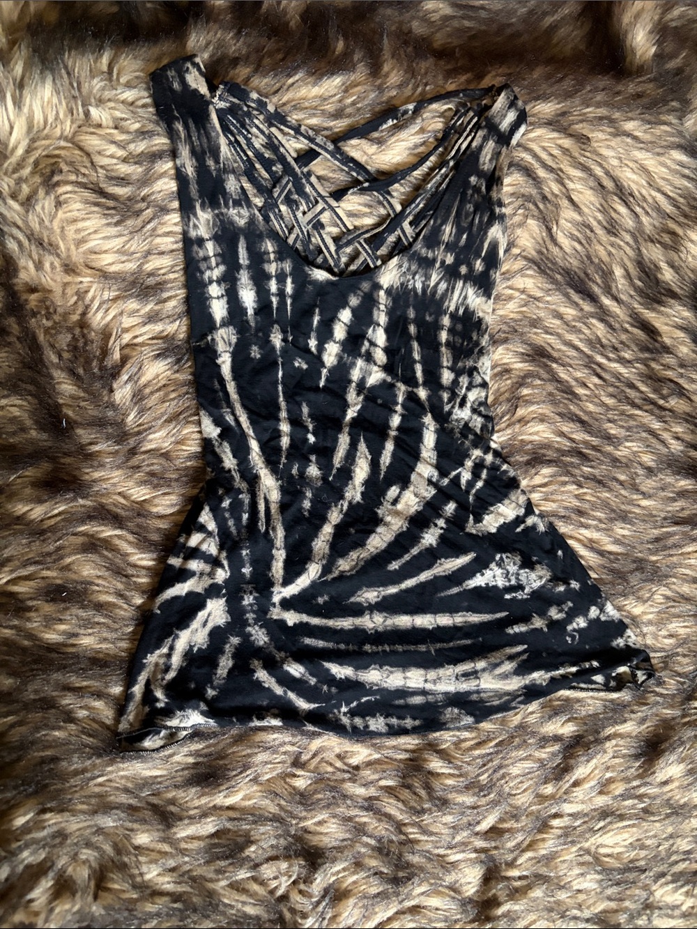 Strappy Open Back Tie-Dye Tank Top in Black & Beige Size S/M